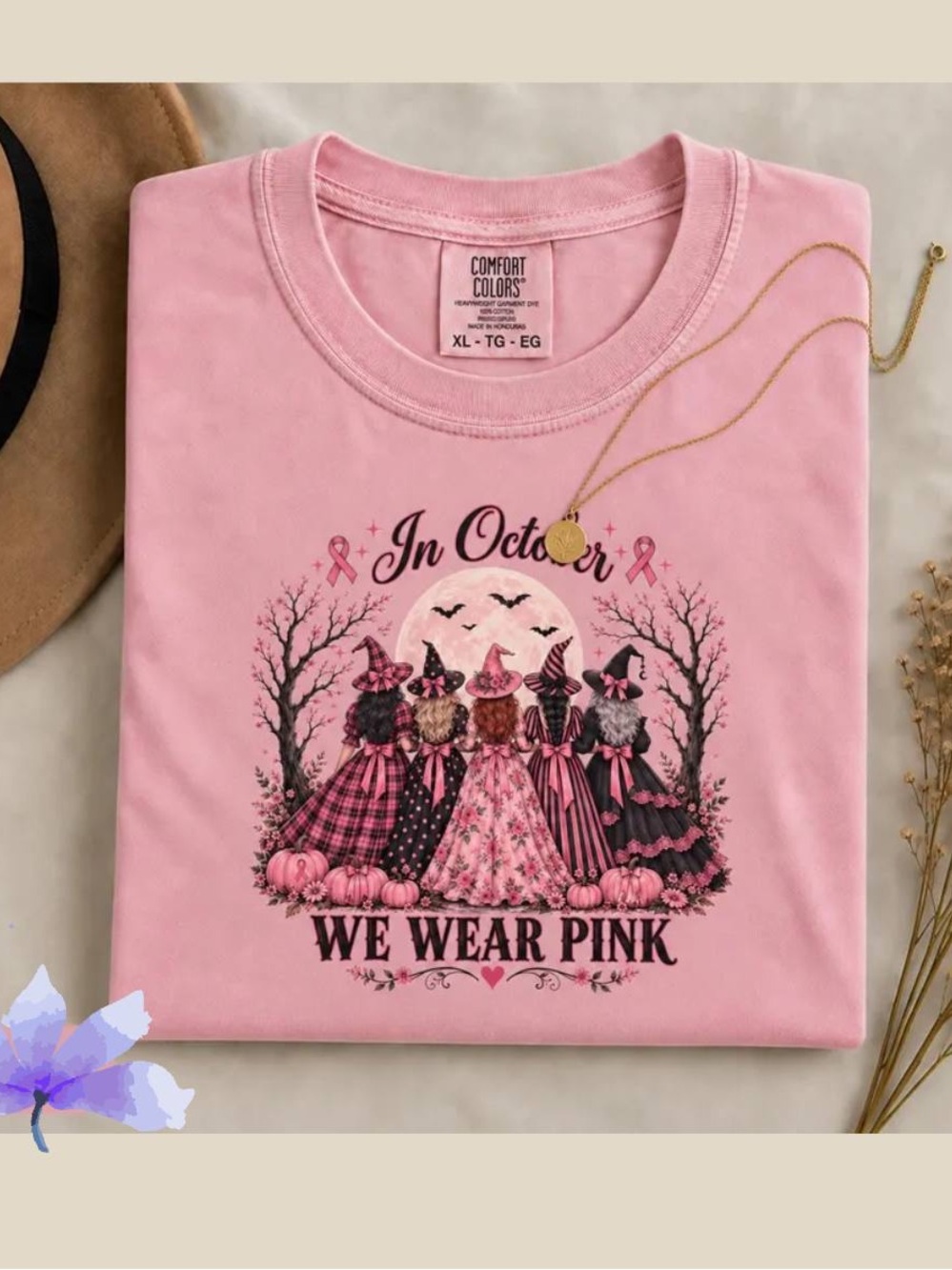 Comfort Colors In October We Wear Pink Graphic Tee, Five Witches Print Tee